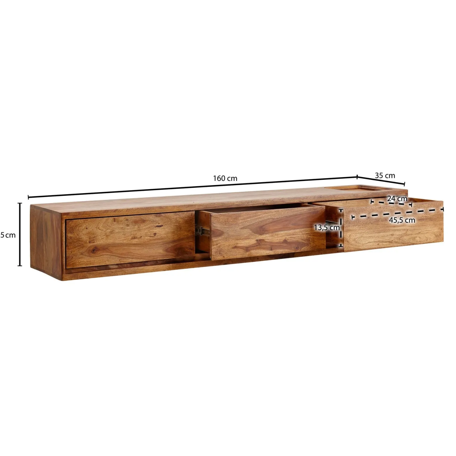 Lowboard Wiszące Sheesham Drewno 160 cm Stolik RTV Nowoczesna Szafka