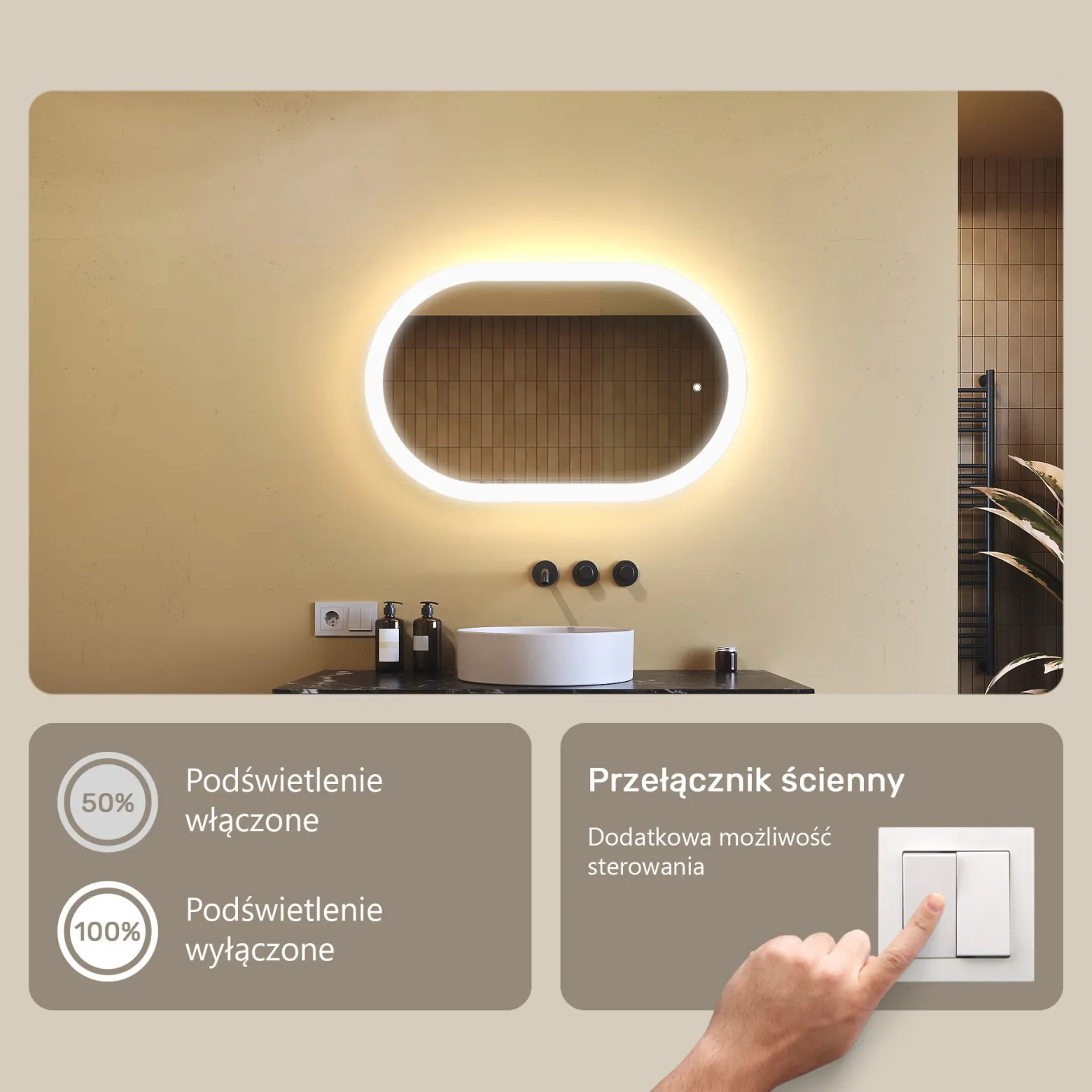 Lustro łazienkowe LED 80x50cm - owalne - LED Dual, włącznik