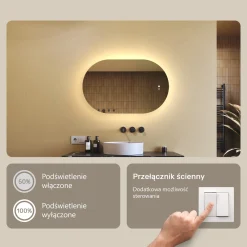 Lustro łazienkowe LED 80x50cm - owalne - LED Dual, włącznik, mata grzewcza
