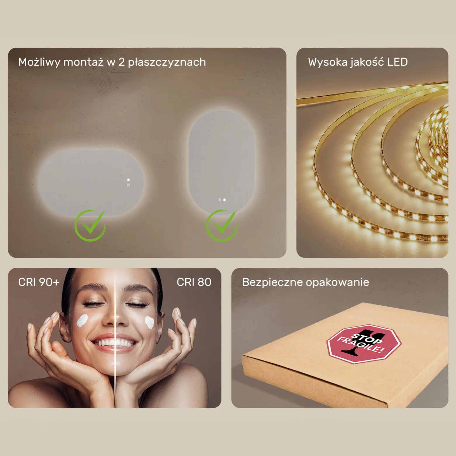 Lustro łazienkowe LED 80x50cm - owalne - LED Dual, włącznik, mata grzewcza