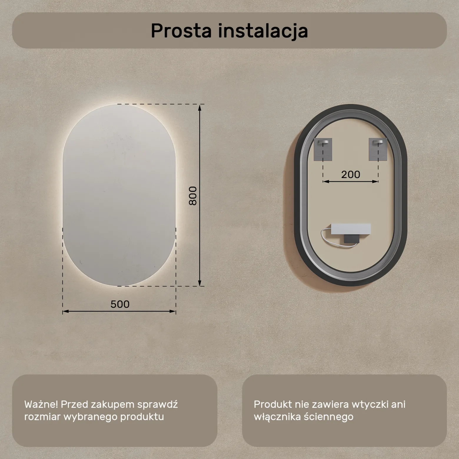 Lustro Łazienkowe Podświetlane LED 50x80 owalne z barwą neutralna