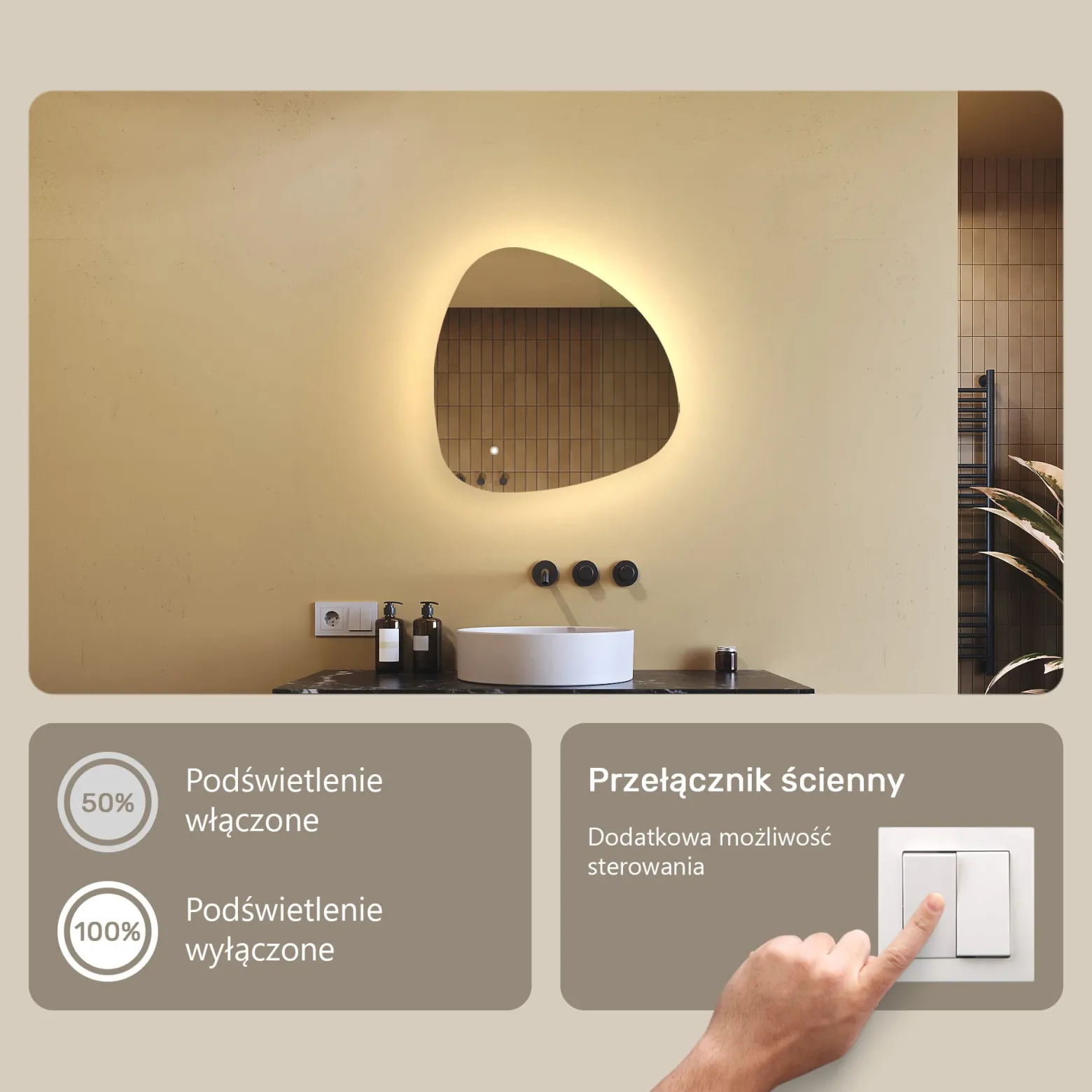 Lustro łazienkowe 54x54cm nieregularne - LED Dual, włącznik