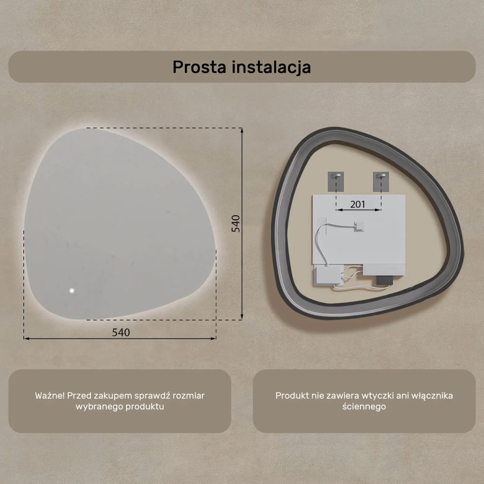 Lustro łazienkowe 54x54cm nieregularne - LED Dual, włącznik
