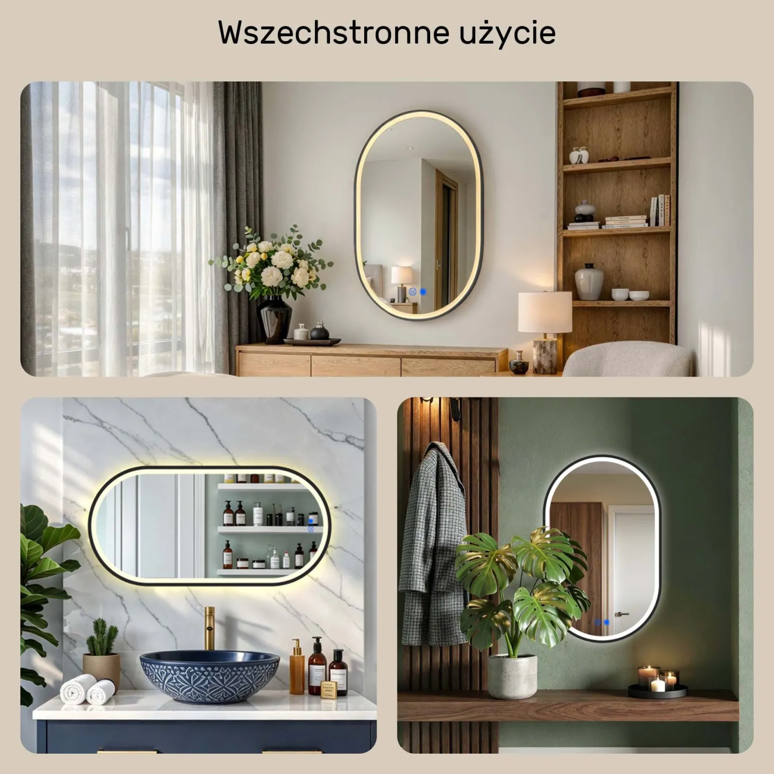 Lustro łazienkowe 50x80 czarny mat LED Dual dotyk + mata owalne