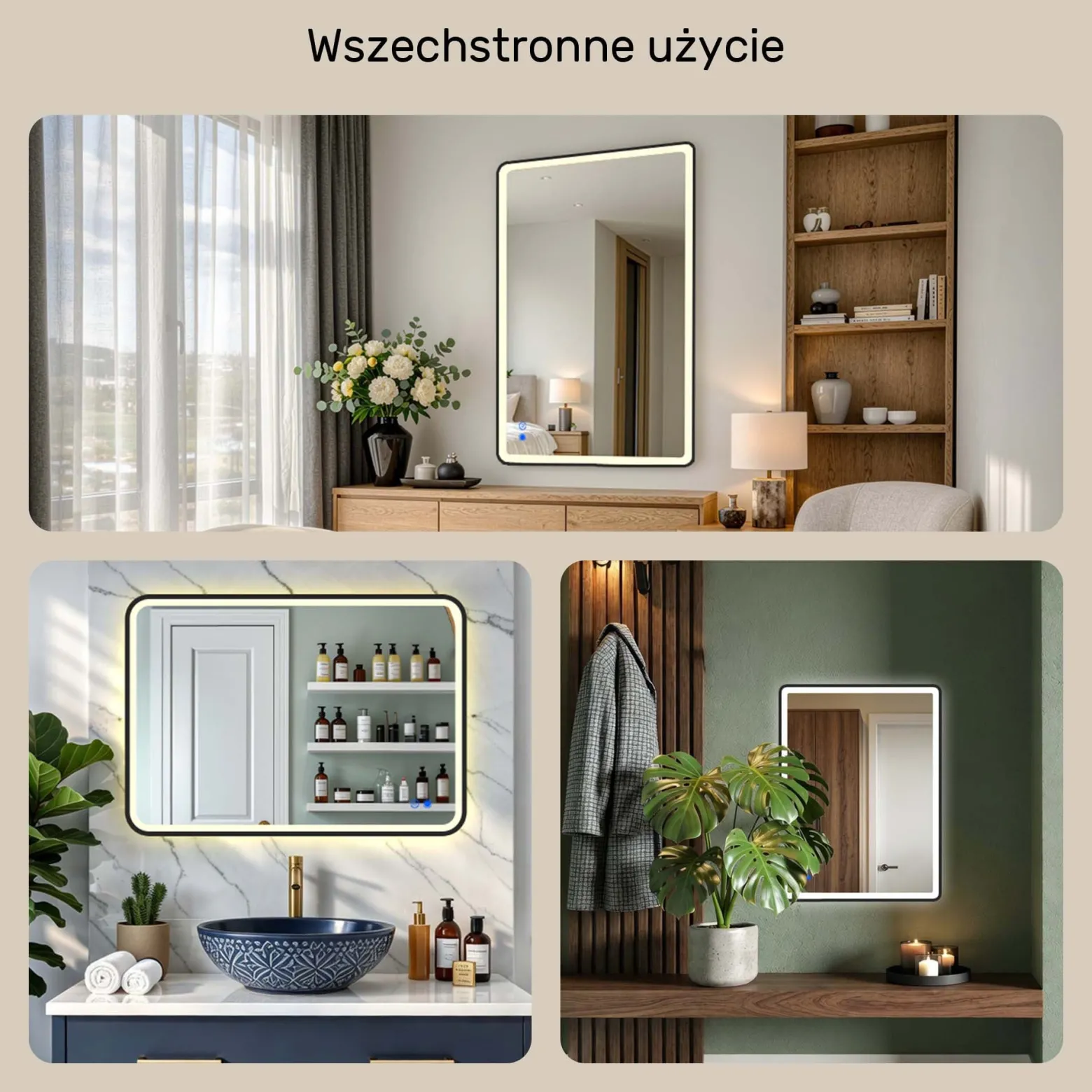 Lustro łazienkowe 80x60 czarny mat LED Dual dotyk + mata zaokrąglone