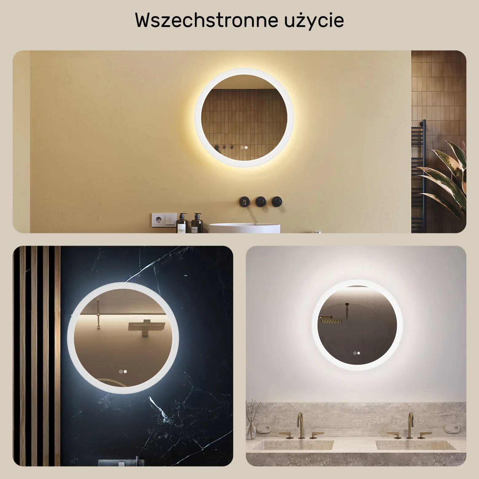 Lustro okragle LED łazienkowe, 60cm z matą, dotykiem, dual led