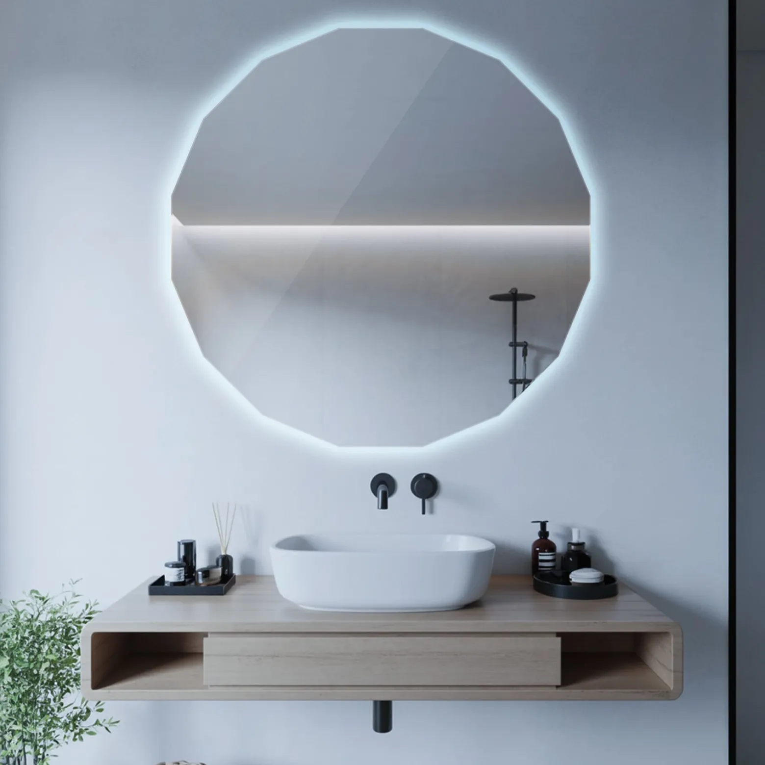 Lustro Okrągłe Asymetryczne Eleganckie LED z Zimnym Światłem 50x50