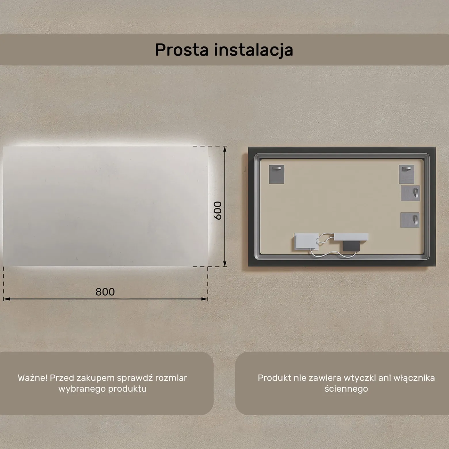 Lustro podświetlane łazienkowe LED 80x60 Poziome Barwa Neutralna