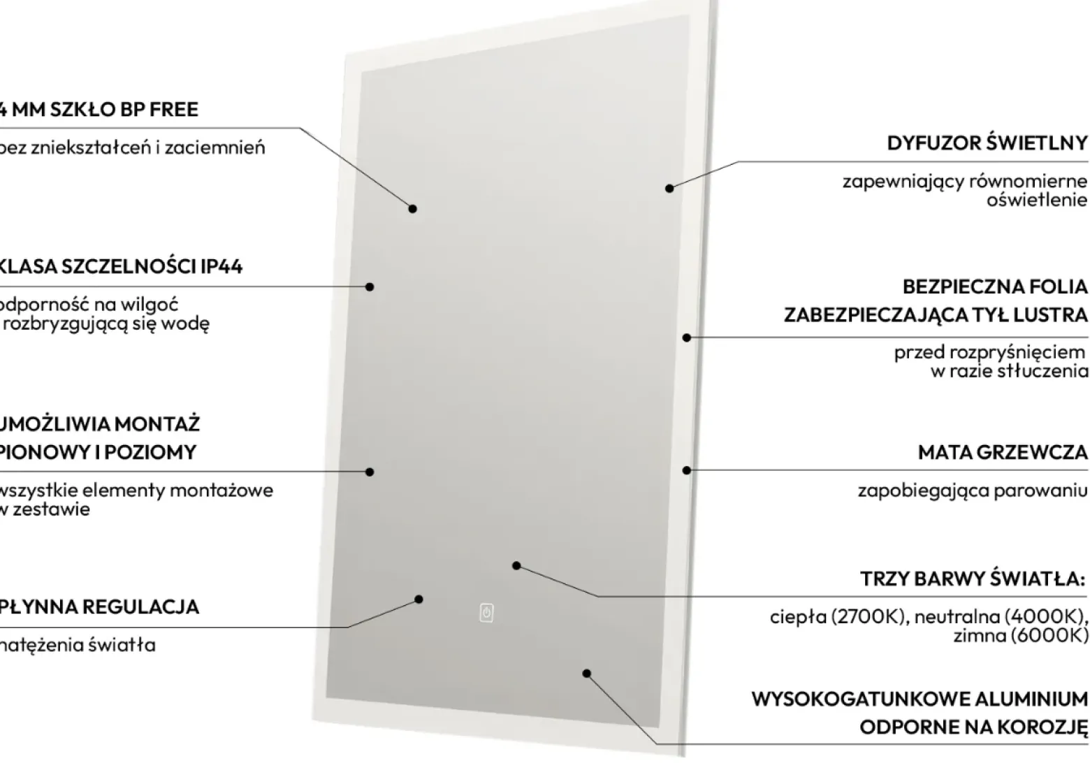 Lustro podświetlane LED 39x50 cm COSMO Antypara, Zmiana Barwy