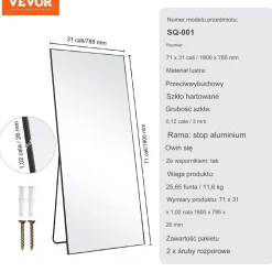 Lustro stojące do przymierzalni salonu garderoby i sypialni