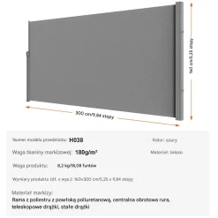 Markiza boczna parawan na taras roleta przeciwsłoneczna szara 160 x 300 cm