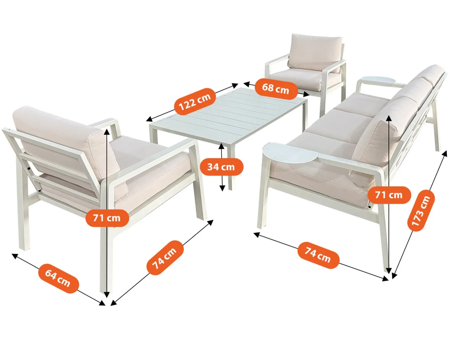Meble ogrodowe metalowe BIANCO białe kremowe, sofa i fotele wodoodporne