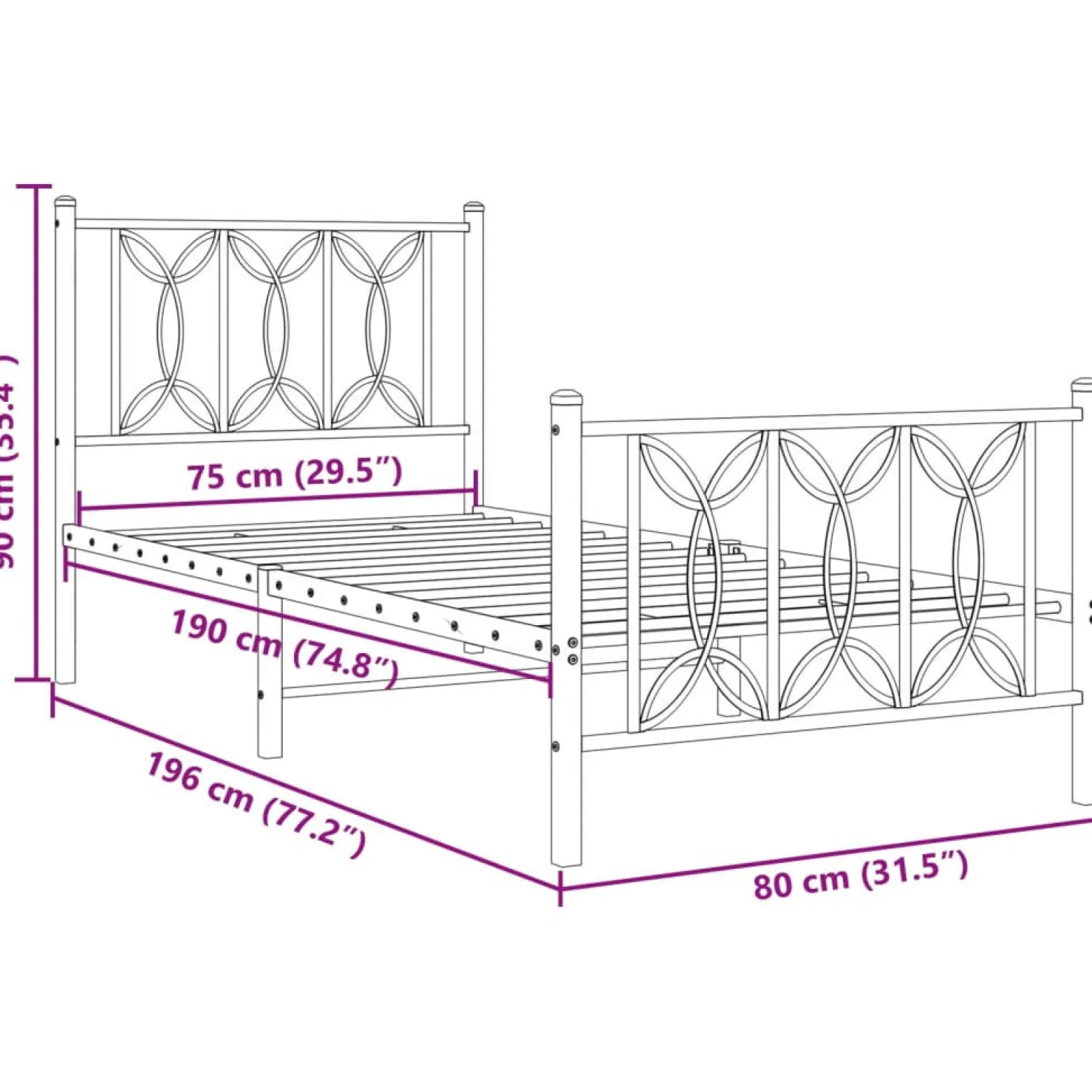 Metalowa rama łóżka z wezgłowiem i zanóżkiem czarna 75x190