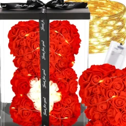 Miś z róż 22 cm czerwony, różany LED ciepły biały dekoracja