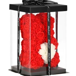 Miś z róż 22 cm czerwony, różany LED ciepły biały dekoracja