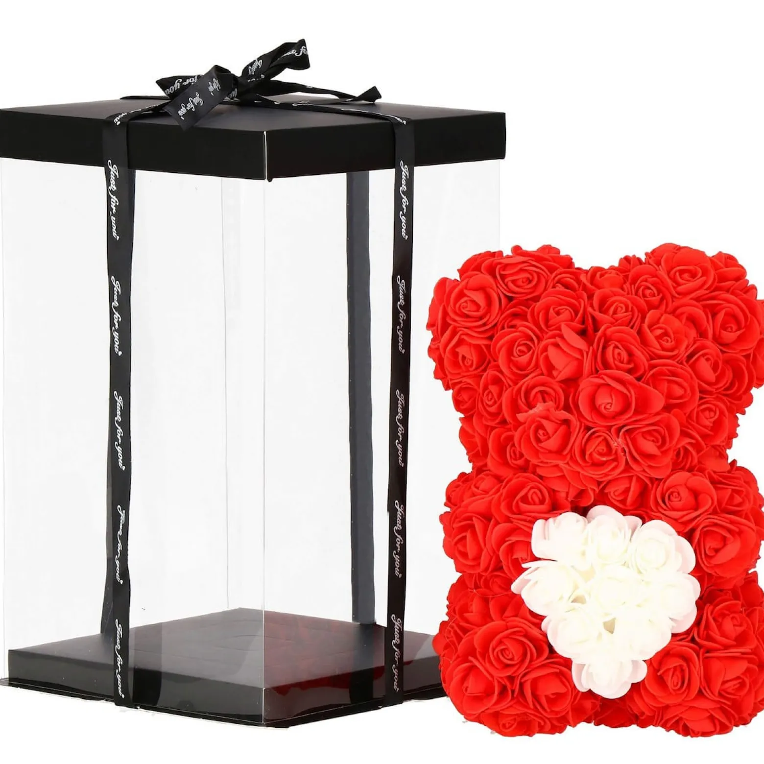 Miś z róż 22 cm czerwony, różany LED ciepły biały dekoracja