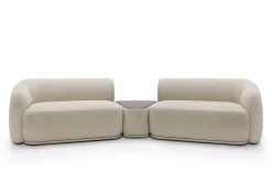 Modułowa sofa + trójkątna pufa z blatem beżowa NOBIS z zaokrąglonymi bokami