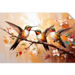 Naklejka samoprzylepna Feeby Kolorowe Kolibry Ptaki na beżowym tle 30x20