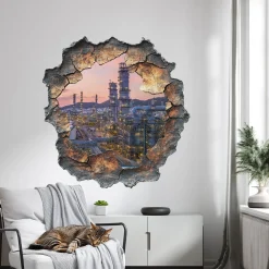 Naklejka wyrwa w ścianie wieże rafinerii efekt 3D 78x80