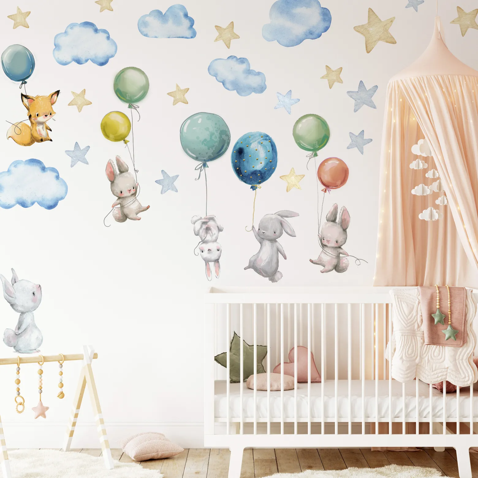 Naklejki Dla Dzieci Króliczki Balony Chmurki 50x100cm