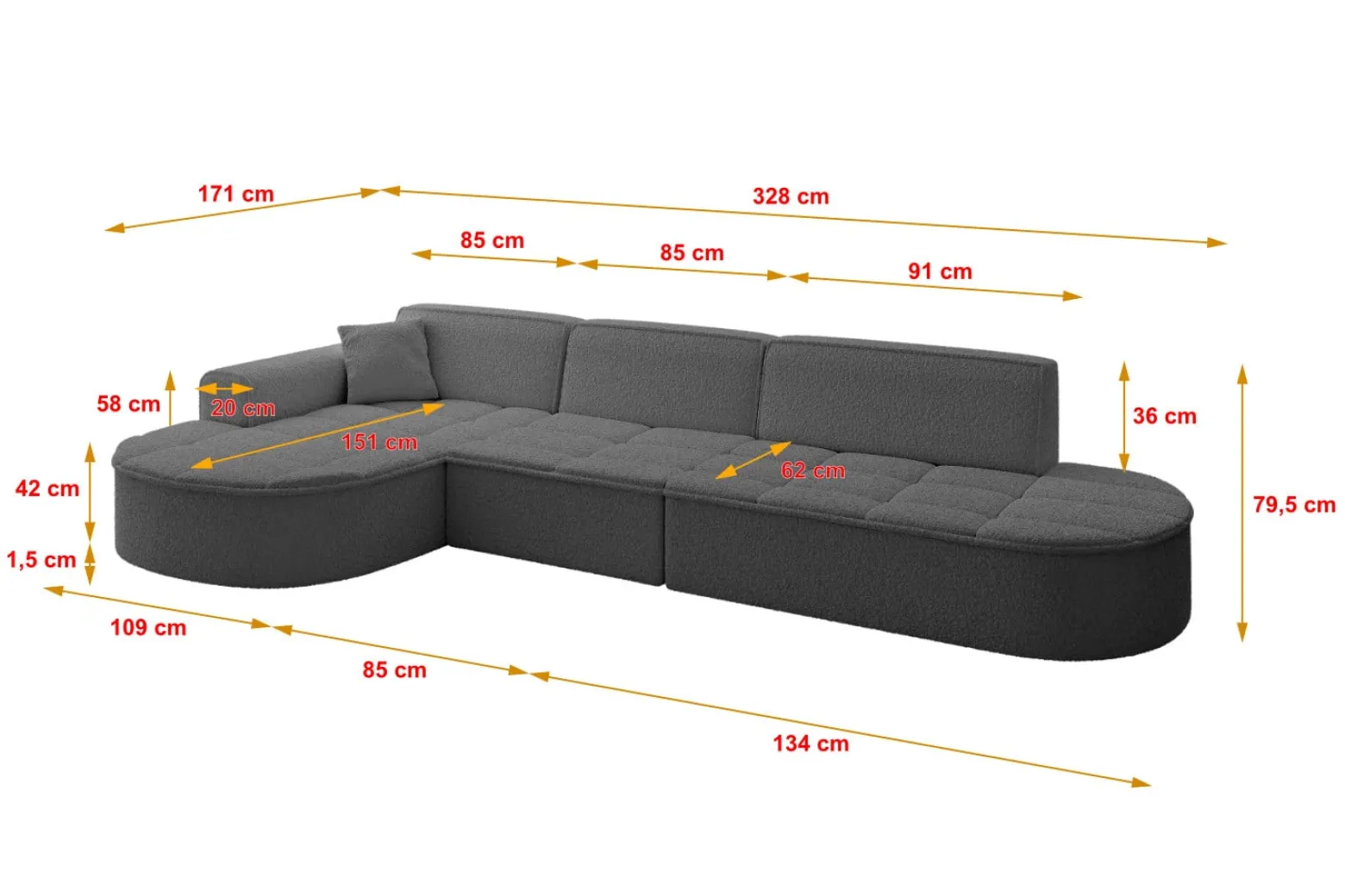 Narożnik lewostronny bez funkcji spania TARO-L2 - 328x171x79,5 cm Szary