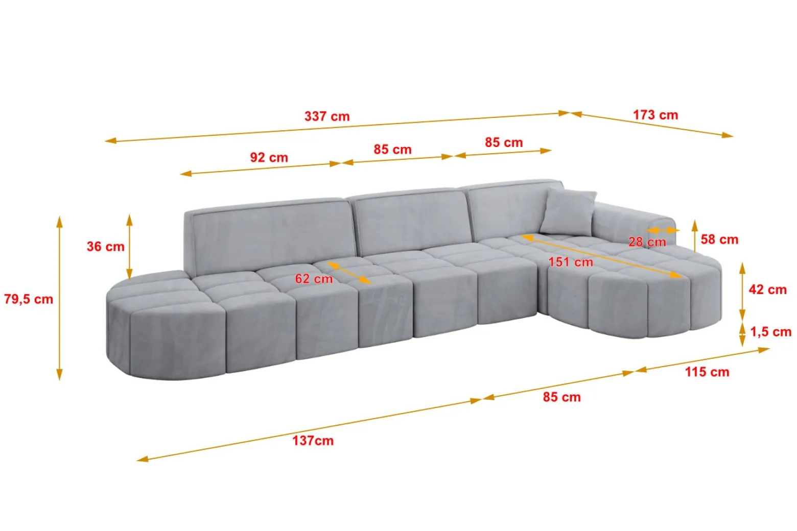 Narożnik prawostronny bez funkcji spania LIVO-L2 - 337x173x79,5 Szary
