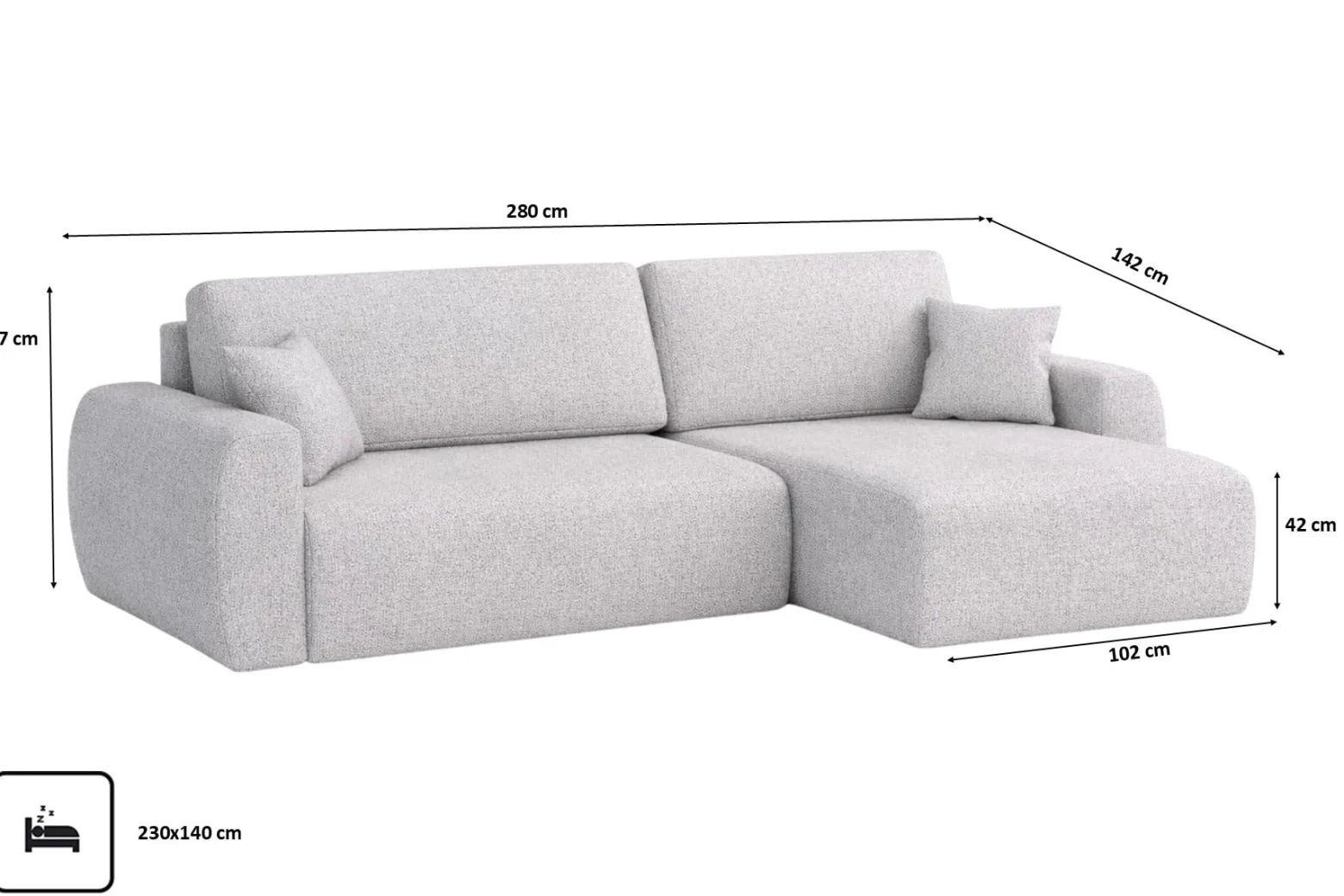 Narożnik z funkcją spania, Ariel XL, szenil Artico, Cement, Prawy