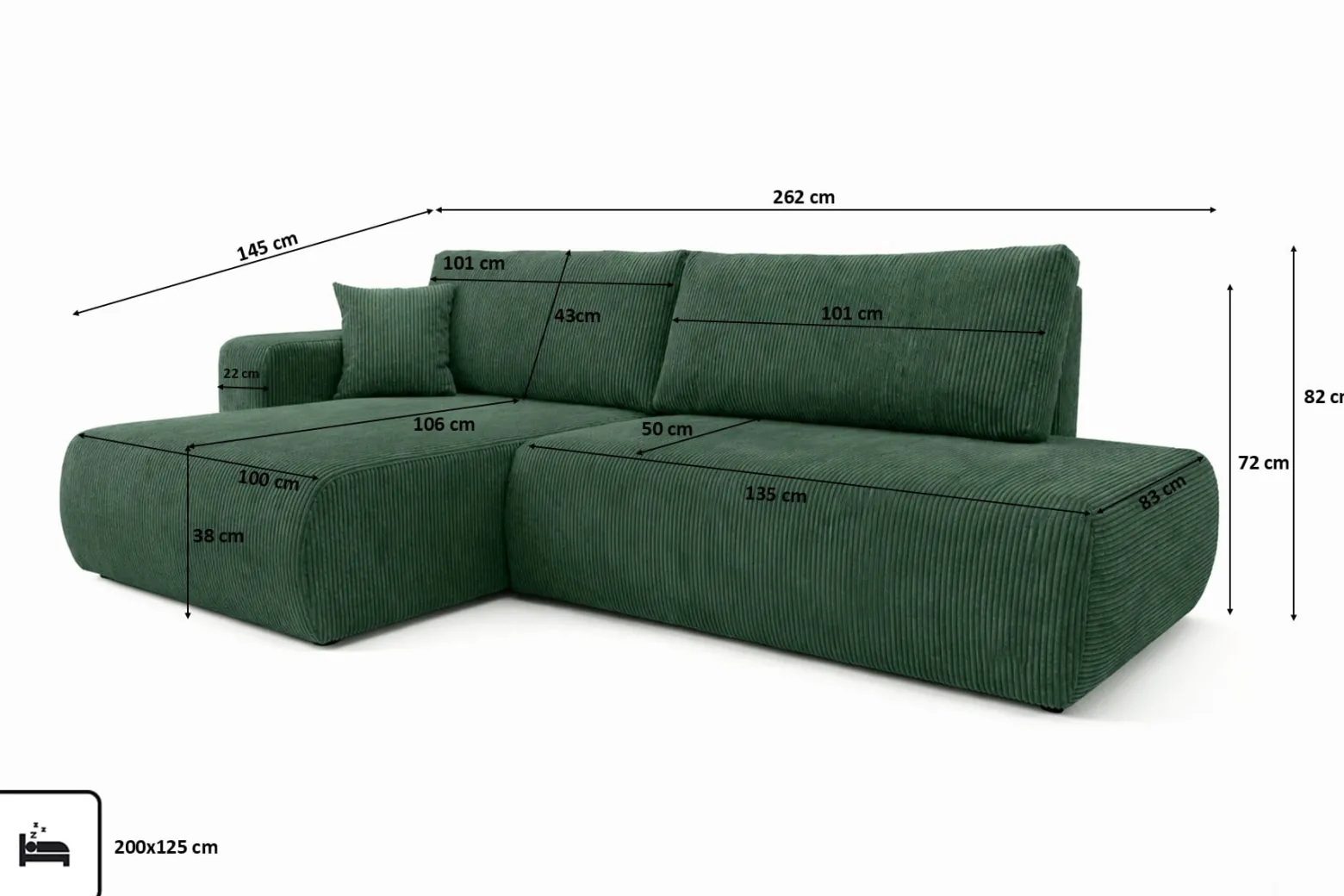 Narożnik z funkcją spania, sztruks Poso, Zielony, Lewy, OPEN XL