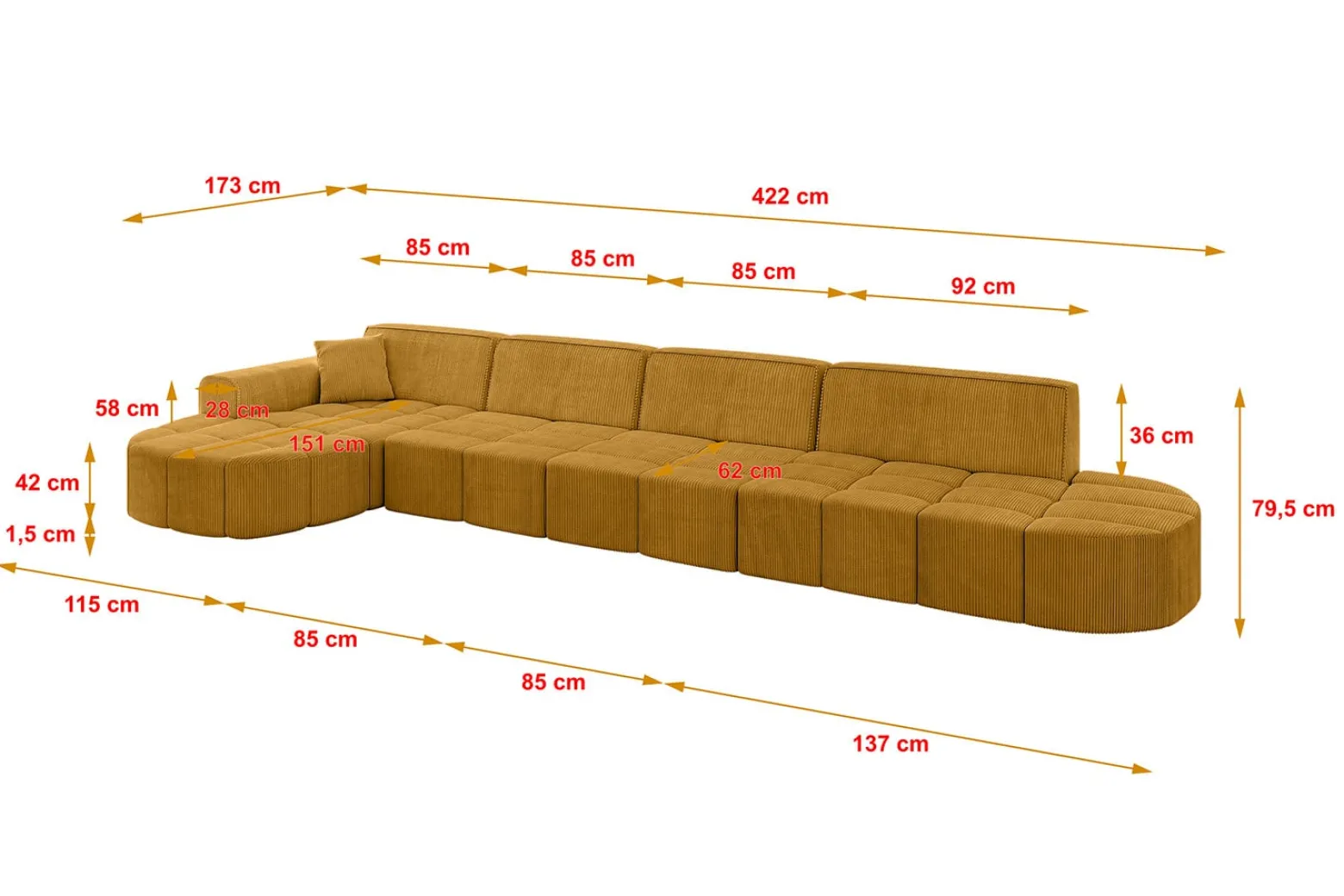 Narożnik lewostronny bez funkcji spania LIVO-L3 - 422x173x79,5 cm Żółty