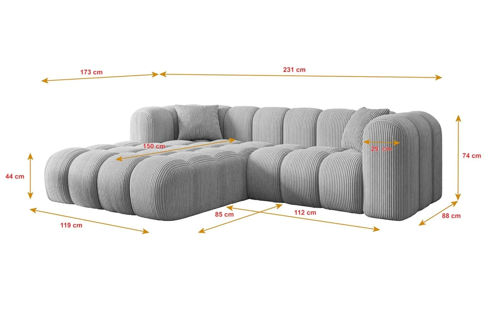 Narożnik lewostronny bez funkcji spania OLEA-L1 - 231x173x74 cm Szary