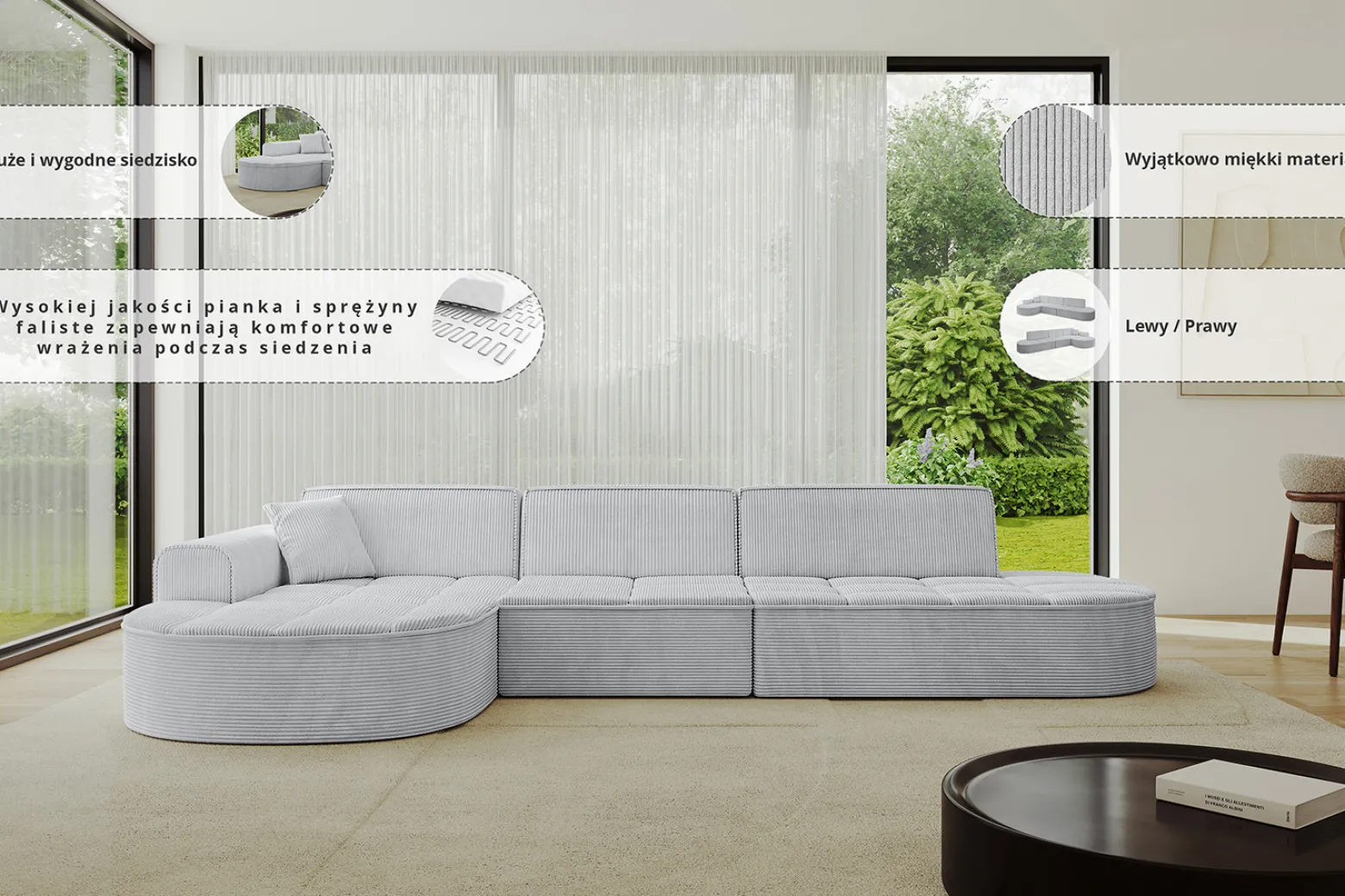 Narożnik lewostronny bez funkcji spania TARO-L2 - 328x171x79,5 cm Szary