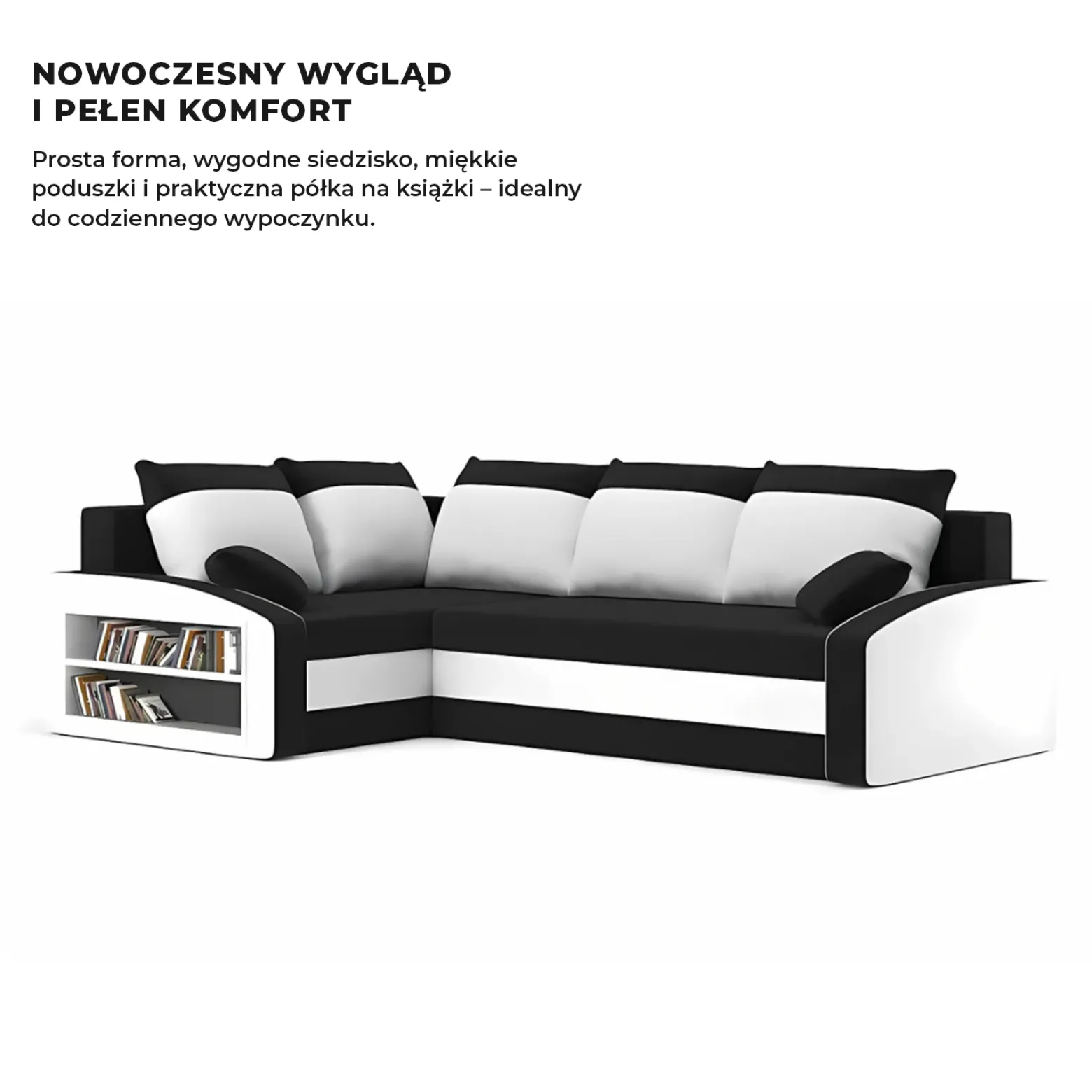 Narożnik Rozkładany z Półkami do Salonu CZARNY, BIAŁY, LEWY