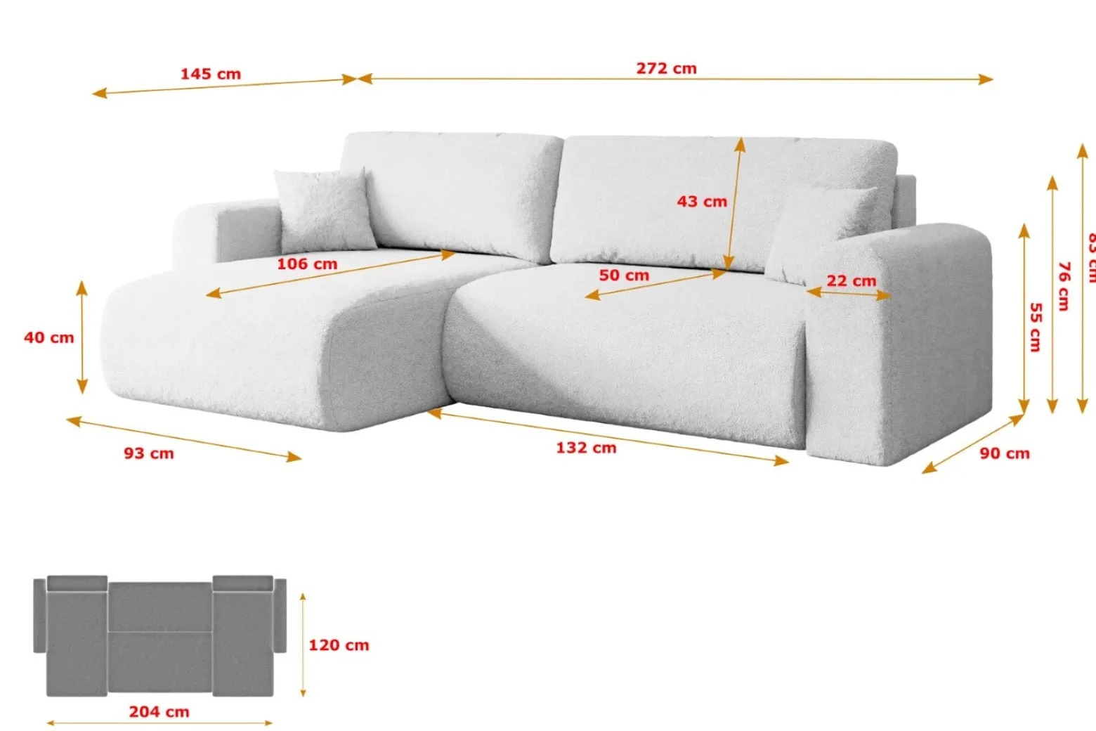 Narożnik z funkcją spania i pojemnikiem ORRO-L - 272x145x83cm Biały