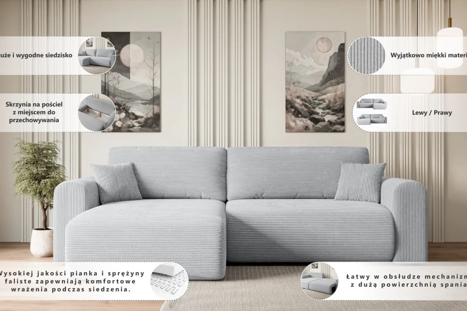 Narożnik z funkcją spania i pojemnikiem ORRO-L - 272x145x83cm Biały