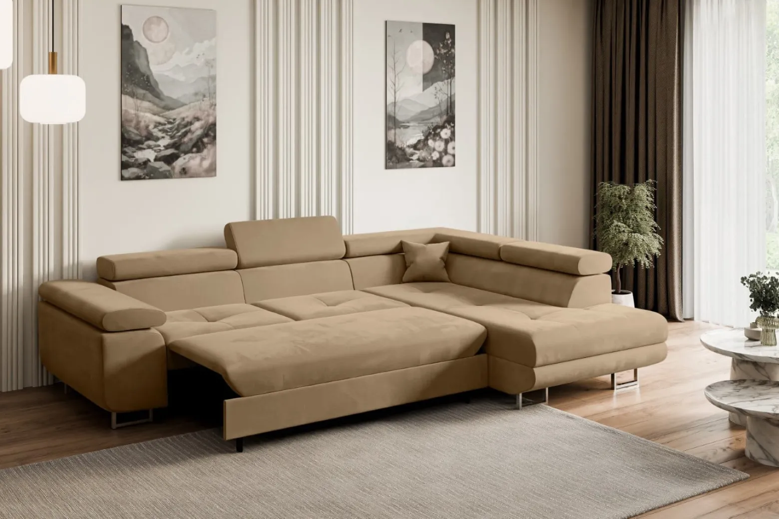 Narożnik z funkcją spania i pojemnikiem GUSA-L 256x165x84 cm Beżowy