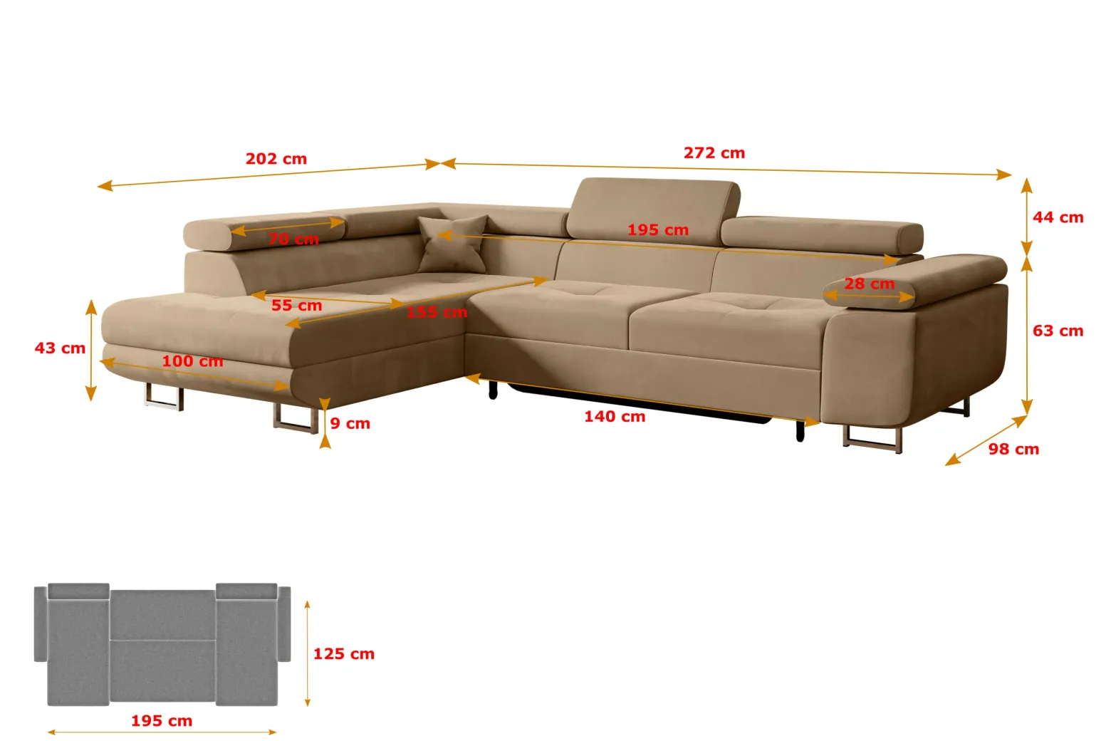 Narożnik z funkcją spania i pojemnikiem GUSA-L 256x165x84 cm Beżowy