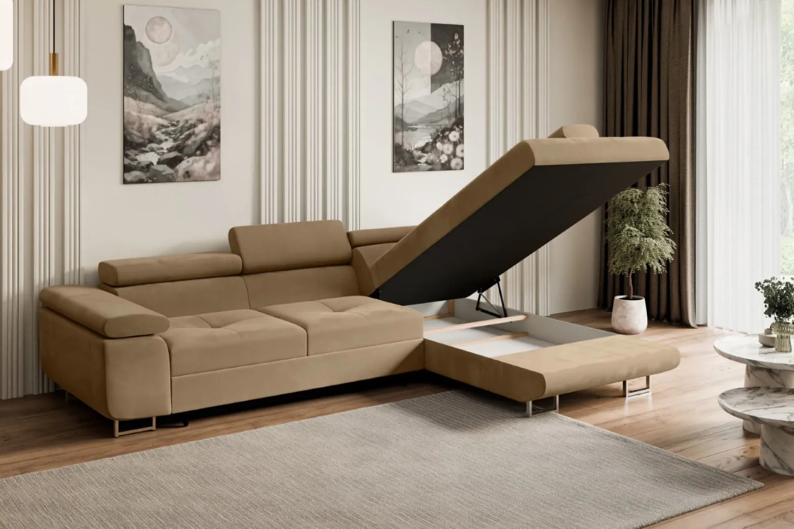 Narożnik z funkcją spania i pojemnikiem GUSA-L 256x165x84 cm Beżowy