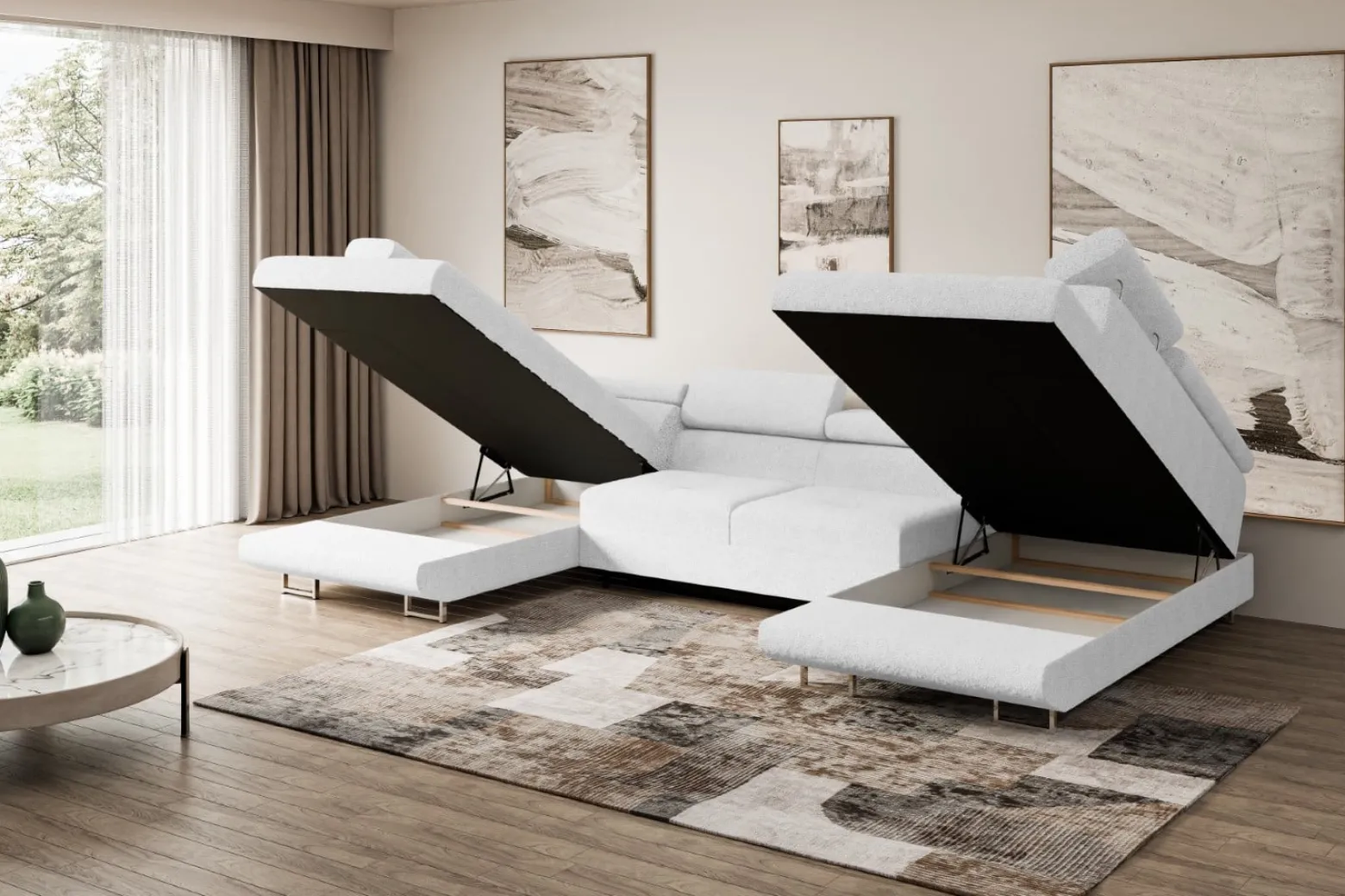 Narożnik z funkcją spania i pojemnikiem GUSA-U 342x202x107 cm Biały