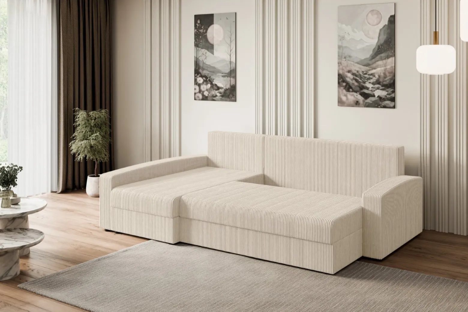 Narożnik z funkcją spania i pojemnikiem ALESIA-L 231x140x90 cm Beżowy