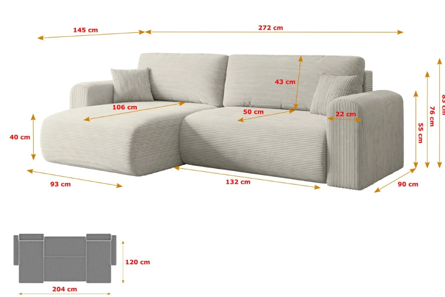 Narożnik z funkcją spania i pojemnikiem ORRO-L - 272x145x83cm Kremowy