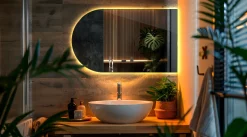 Nieregularne lustro półowalne 50 x 90 cm LED do łazienki - ciepłe światło
