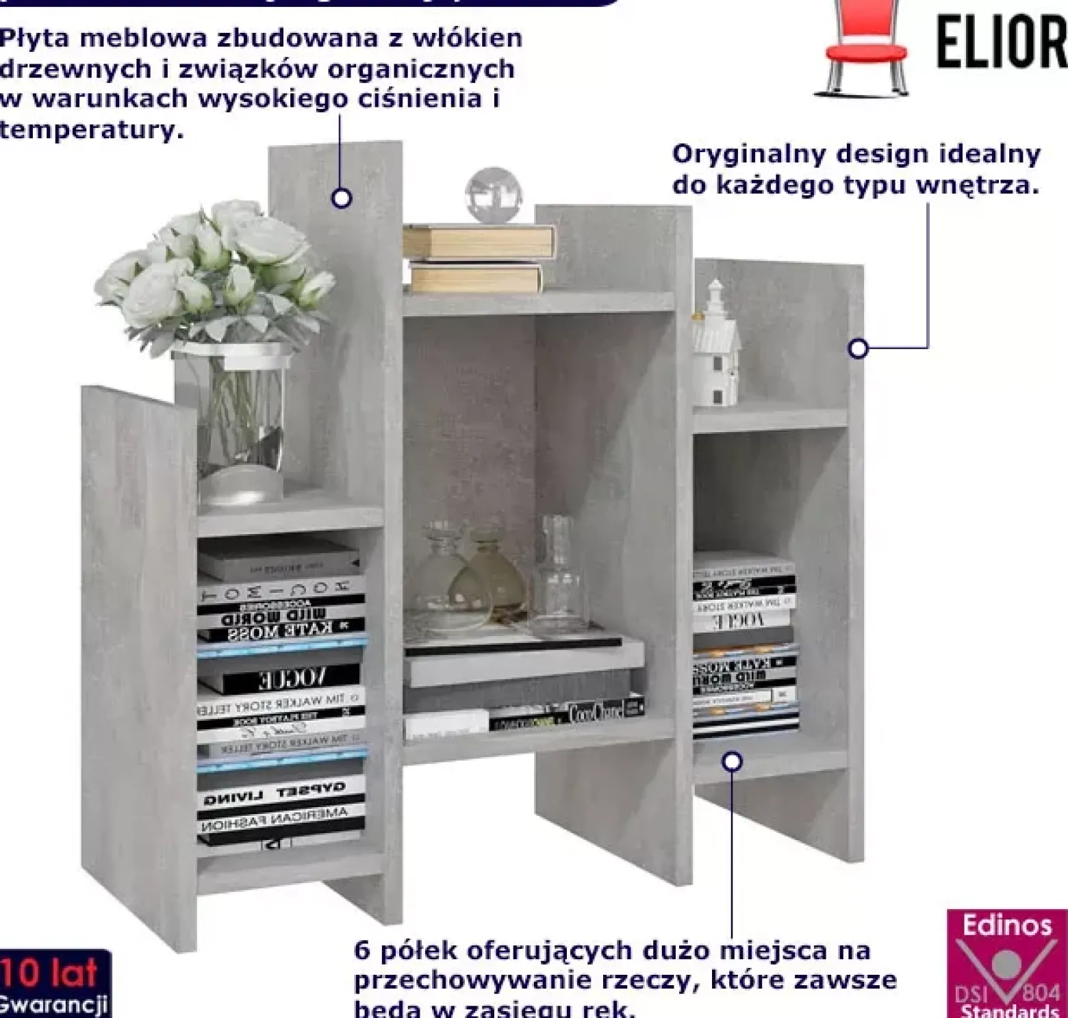 Niski otwarty regał z 6 półkami beton - Riax