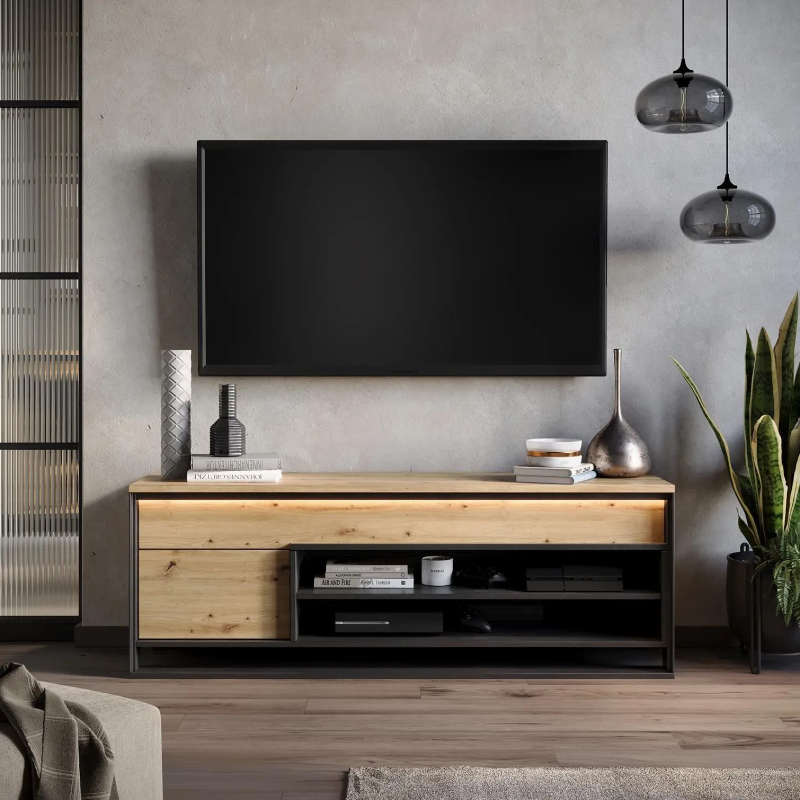 Nowoczesna szafka RTV QUANT z oświetleniem LED do salonu dąb artisan