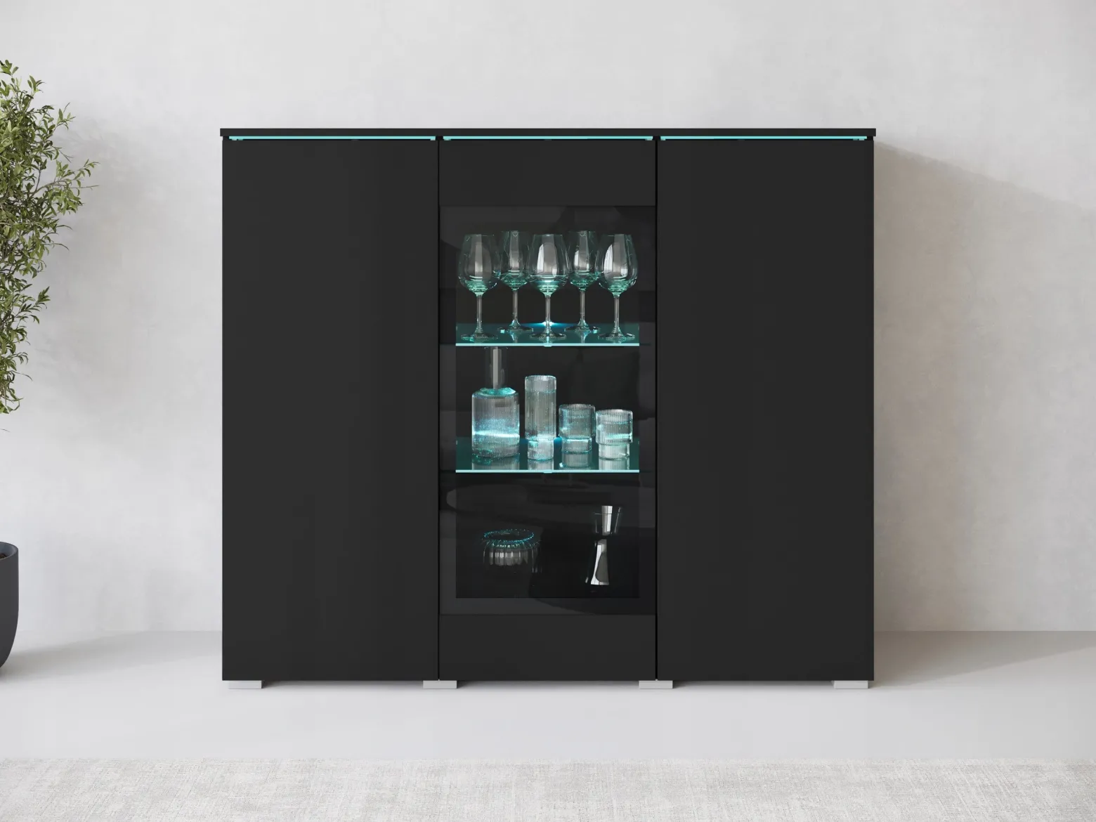 Nowoczesna Szeroka Witryna, Highboard, Komoda Vera 120 Cm, Szklane Półki
