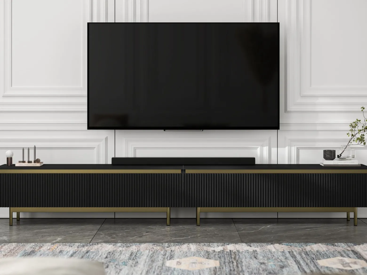 Nowoczesna Szafka RTV Glamour Komoda Czarny MAT metalowe ramy 280 cm