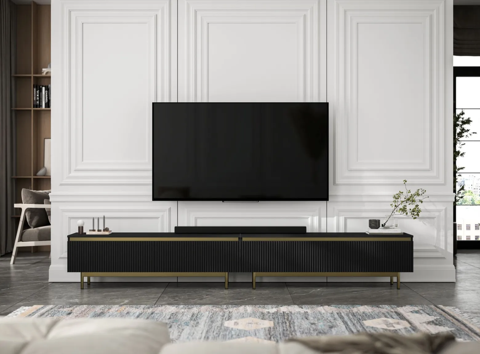 Nowoczesna Szafka RTV Glamour Komoda Czarny MAT metalowe ramy 280 cm