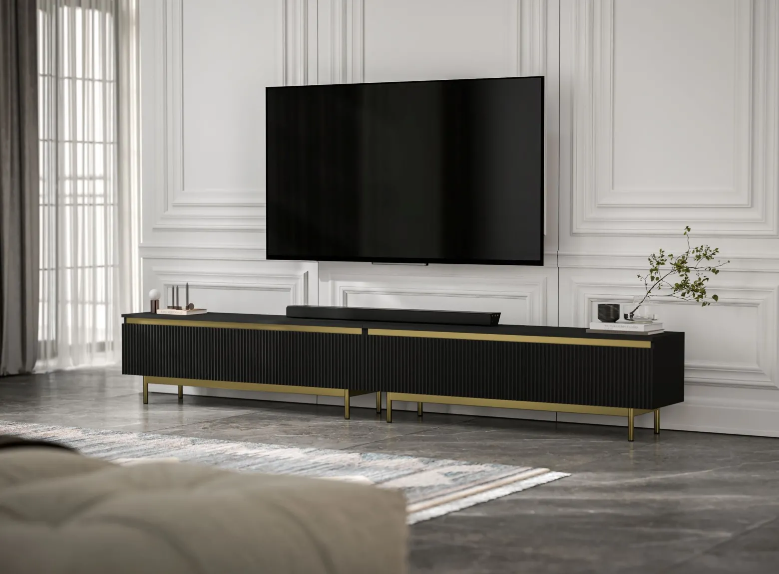 Nowoczesna Szafka RTV Glamour Komoda Czarny MAT metalowe ramy 280 cm
