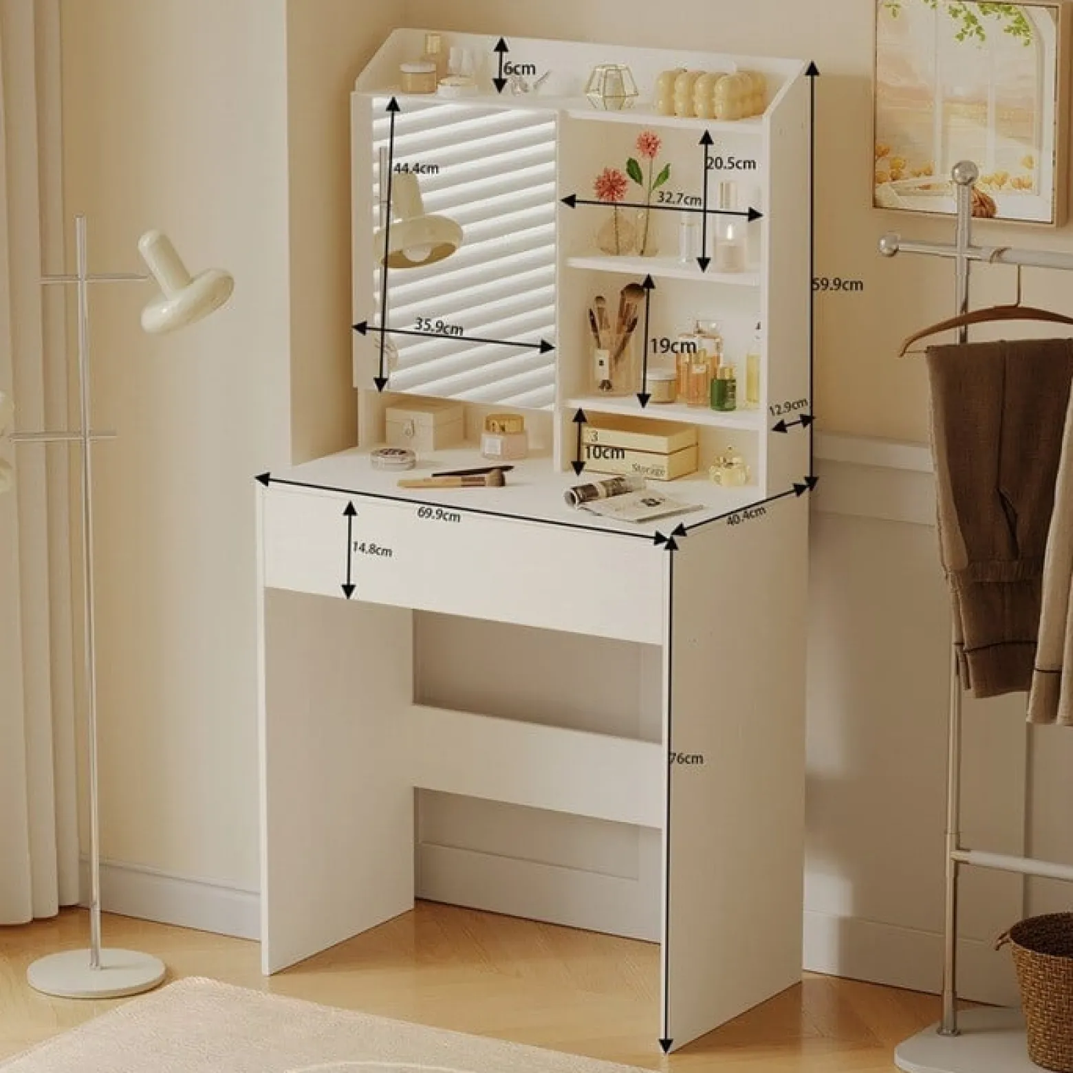 Nowoczesna toaletka kosmetyczna z otwieranym lustrem loft szuflada glamour