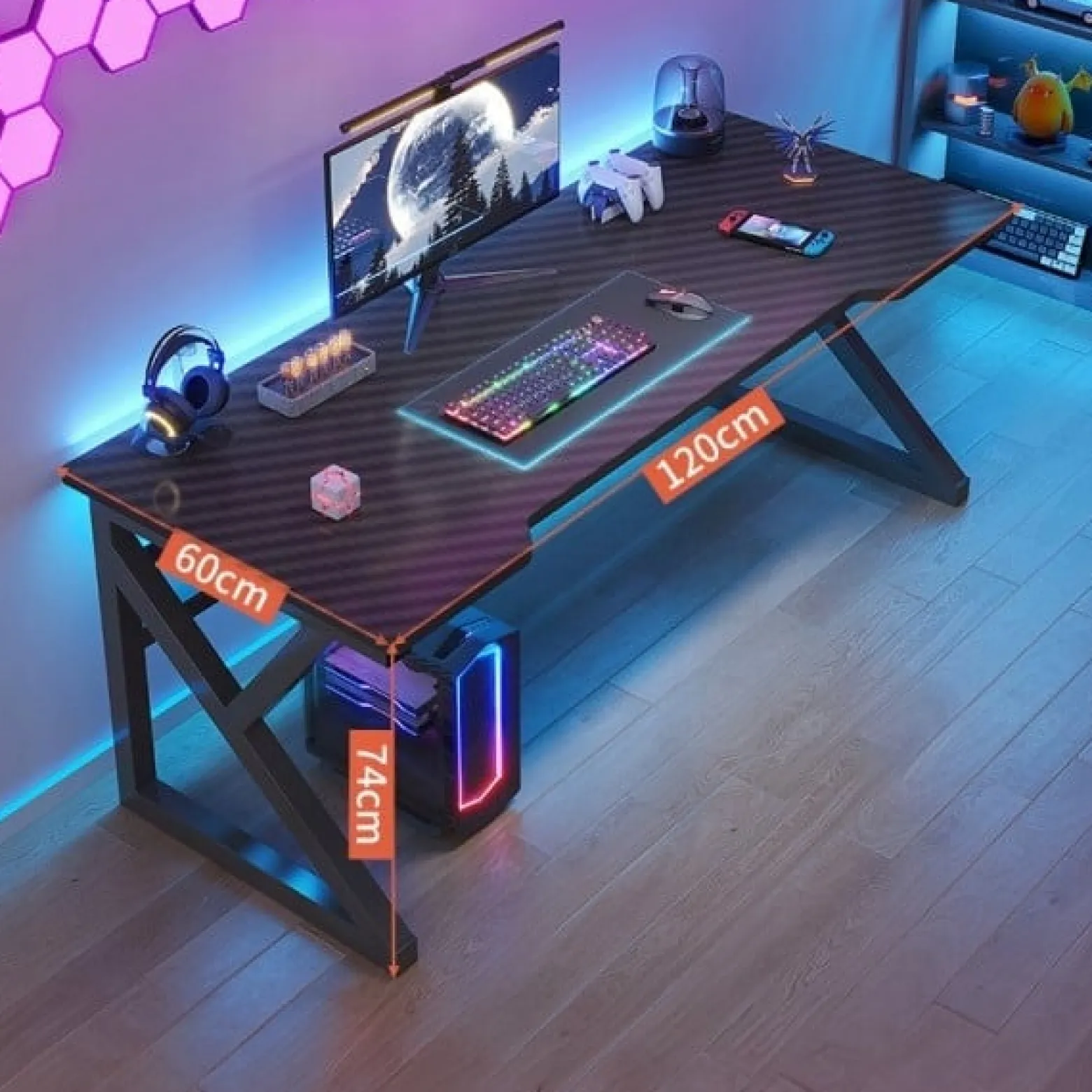 Nowoczesne biurko gamingowe czarne carbon 120 cm