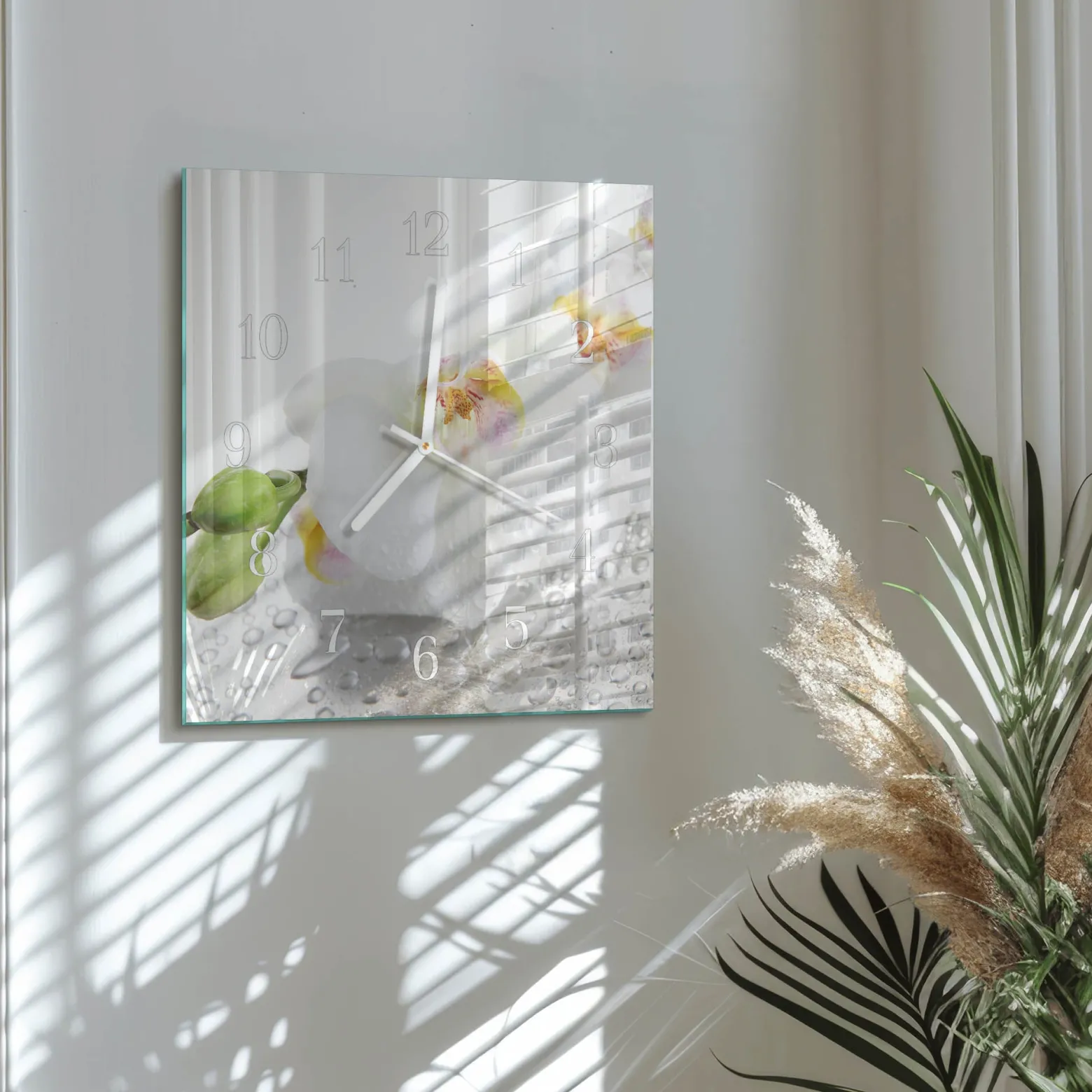 Nowoczesny zegar 30x30 Orchidea cichy mechanizm salon